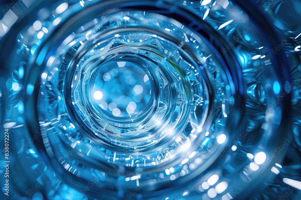Aufkleber close-up of abstract blue spiral pattern with light reflections, creating a mesmerizing and futurist