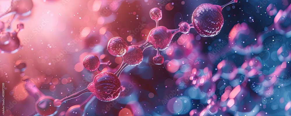 Poster Close-up of abstract molecular structures in pink and blue light, showcasing intricate patterns and connections in a vibrant, scientific visualization.
