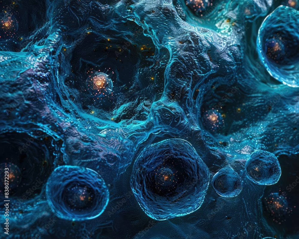 Poster close-up view of blue microscopic cells, showcasing the intricate details and structures of cellular