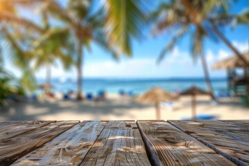 Empty wooden table top with copy space for food drink product advertising with blurred summer resort beach bar restaurant background