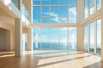 Fototapeta premium A large sunny room with wide panoramic windows offering peaceful views, minimalist interior design