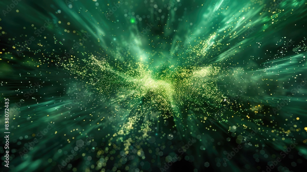 Poster dynamic green and yellow abstract background featuring explosive light bursts and particles, creatin