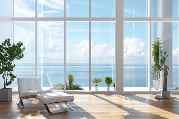 Room with large sunny windows showcasing wide, tranquil views, creating a peaceful atmosphere