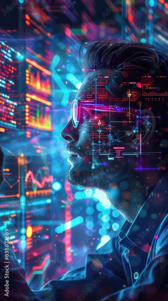 Poster Man analyzes financial data on screens filled with charts and graphs, illuminated by vibrant graphics in a futuristic tech setting.