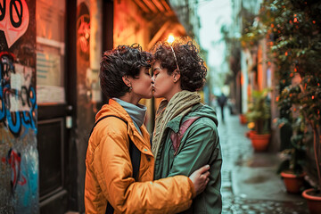 Obraz premium A couple shares a kiss in a colorful, urban street setting, surrounded by graffiti and warm, ambient lights.