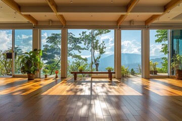 Fototapeta premium Spacious sunny room with large windows offering wide and peaceful views, minimalist decor