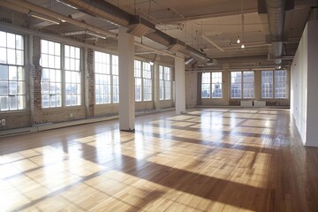 Large open space with sunlight streaming through wide windows, offering tranquil and expansive views