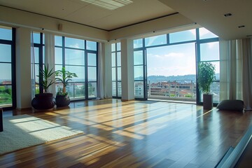 Fototapeta premium Spacious and bright room with panoramic views, large windows and a peaceful atmosphere