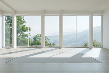 Fototapeta premium Spacious room with wide sunny windows showcasing expansive and tranquil views, airy and minimalist