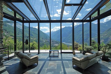 Fototapeta premium Bright room with panoramic views through extensive glass walls, peaceful and serene atmosphere