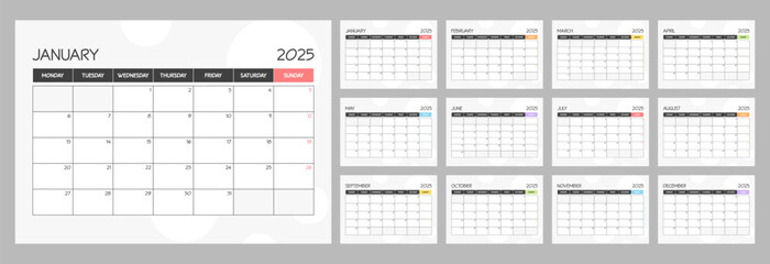 Monthly calendar rainbow schedule for 2025 year. Week Starts on Monday