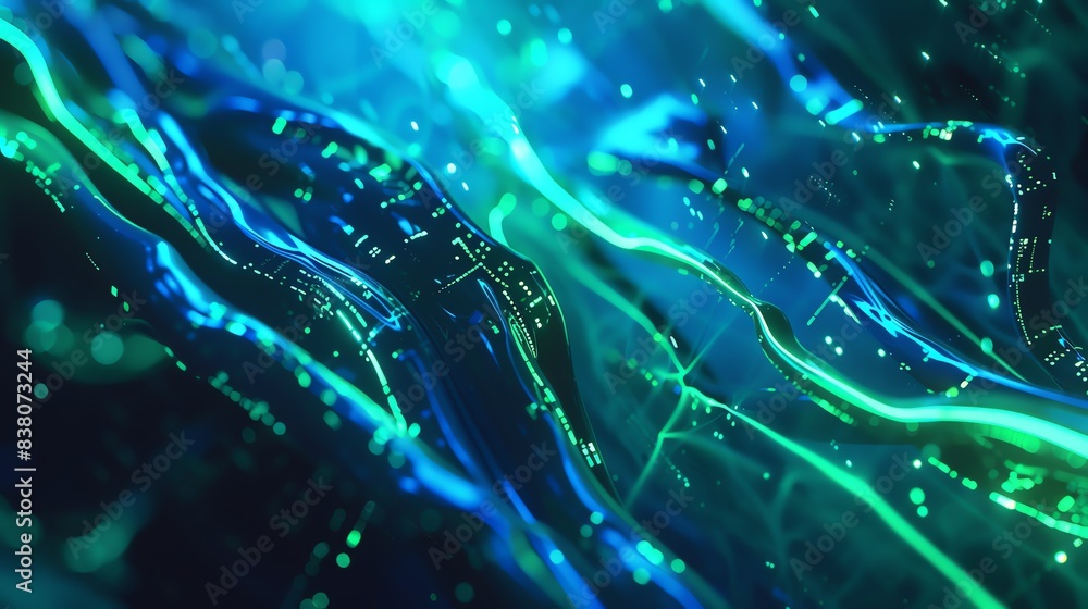 Poster abstract neon blue and green digital landscape with flowing lines and light particles represent futu