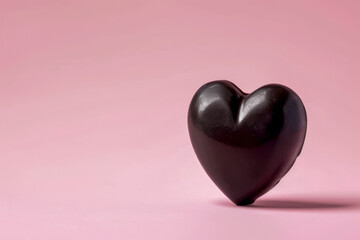 Fototapeta premium a single, dark-colored heart-shaped object against a pink background, symbolizing love or romance.