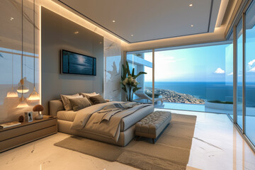 a modern bedroom with a large window, cityscape views at twilight, and an ambiance of luxury
