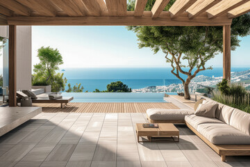 a luxurious terrace with an infinity pool, panoramic sea views, and a vibrant coastal cityscape