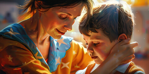 A teacher helps a student reach for a star, encouraging them to strive and grow, their hands firmly planted on the child's shoulders