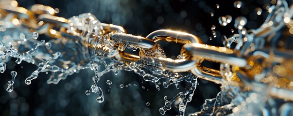 Close-up of a golden chain getting splashed with water droplets, symbolizing strength, durability, and resilience underwater. - Powered by Adobe