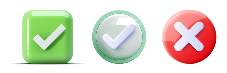 3D illustration of check and cross icons. The image features a green check mark in a square, a green check mark in a circle, and a red cross in a circle, representing approval and rejection. Vector