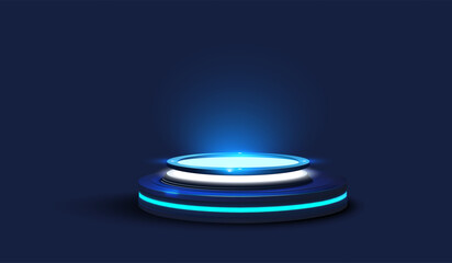 3D  futuristic blue pedestal with neon lighting on a dark blue background. The pedestal can be used for product display, technology showcase, or as a modern design element in digital projects. Vector