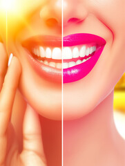 Schönes Lächeln mit Vorher Nachher Vergleich einer Zahnbehandlung Bleaching. Strahlend weiße Zähne