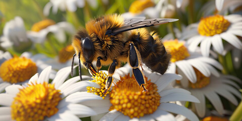 A bee busily collects pollen from a field of daisies, its furry body working diligently to sustain the hive
