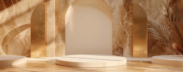 Abstract sunlit scene with an elegant white circular podium and golden arches