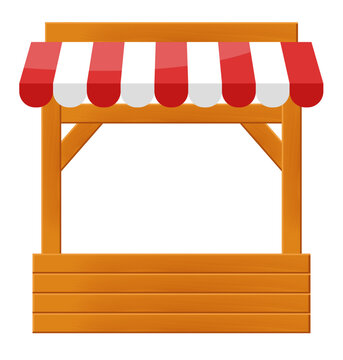 recommend clip art: Market stall. Wooden market stand stall with red white striped awning. Vector clipart isolated on white background.