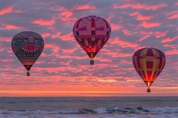 Obraz premium Three Hot Air Balloons Soaring Above the Ocean at Sunset