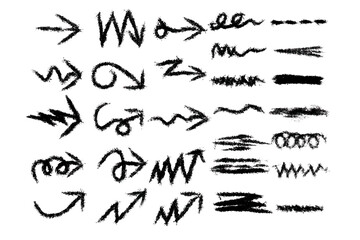 Collection of Graffiti arrows and scribble lines. Grunge design elements isolated on white background. Dry media arrows and lines, messy drawn arrows, paint brush pointer arrows and strokes. Vector.