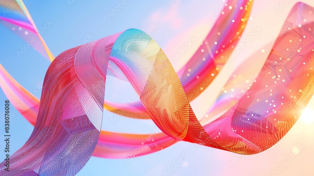 Poster vibrant colorful ribbons flowing in abstract shapes against a bright sky, creating a dynamic and liv