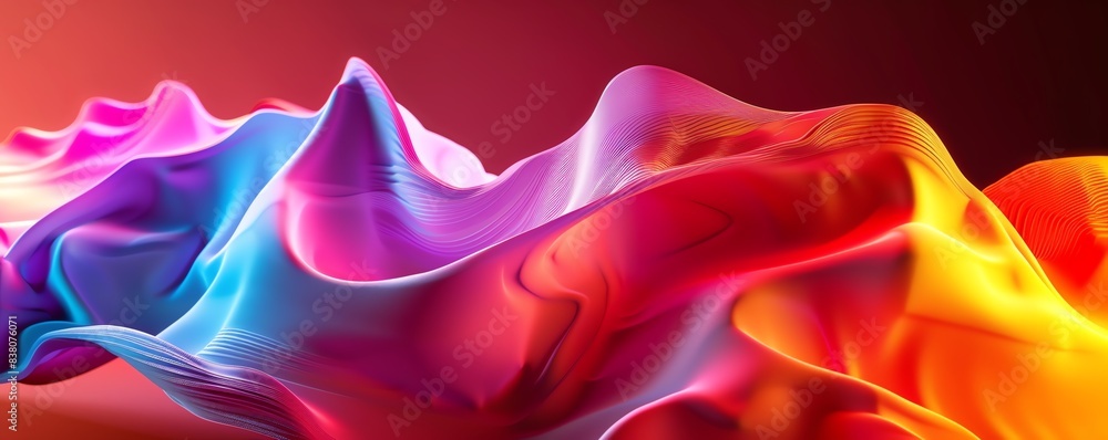 Poster vivid abstract multicolored wave on a red background, showcasing vibrant colors and dynamic forms in