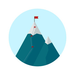 white vector circle icon with mountain peaks achievement red flags summit route