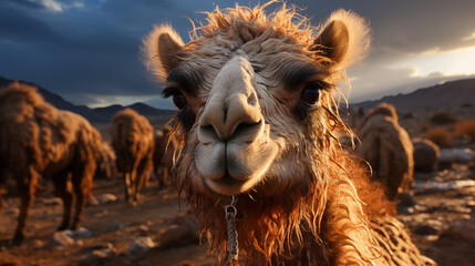 Stunning camel close-up revealing the textures and details of its face. Ideal for projects on desert animals, wildlife documentaries, and educational content centered around the camel.