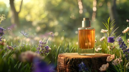 Perfume on a wooden stand, in wildflower field background