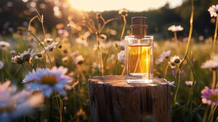 Perfume on a wooden stand, in wildflower field background