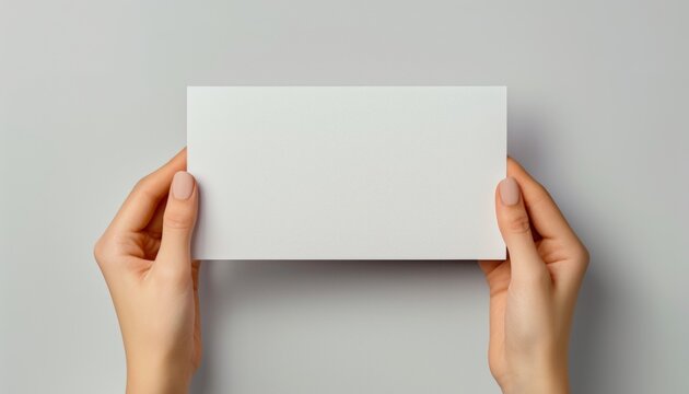 Elegant Greeting Card Mockup, Depicting a Blank White Square Card Held by a Female Hand. Stylish Blurry Background, Ideal for Text Entry and Celebration Messages.
