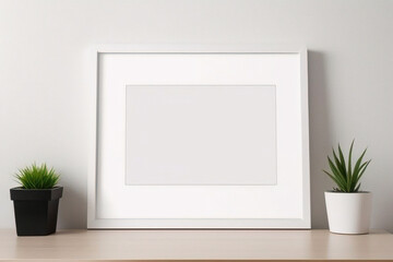 Imagen mínima de marco cuadrado blanco vacío simulada colgada sobre fondo de pared blanca con luz y sombra de ventana. aislar imagen	