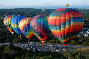 Fototapeta premium Colorful Hot Air Balloons Landing In Rural Area At Sunset