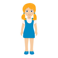 Little girl with red hair in blue dress standing and smiling. Isolated object on white background.