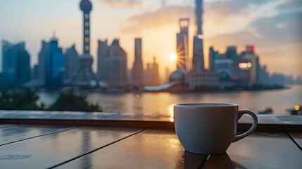 Sunrise Cityscape Coffee Cup Waterfront Skyscrapers Silhouette Reflection Relaxation Morning