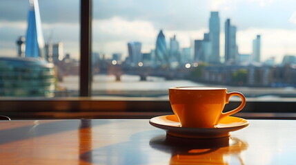 Morning Coffee City Skyline View Sunshine Reflection Table