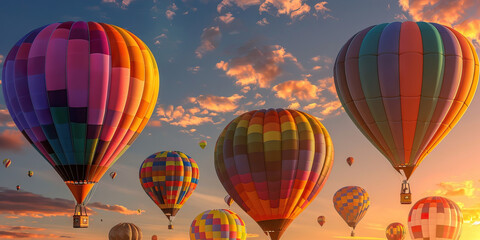 Obraz premium A flock of colorful hot air balloons drifts serenely through the sky at sunset