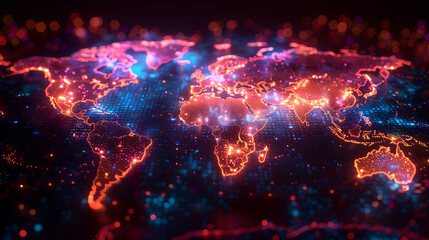 Glowing world map with connected dots network, global technology concept