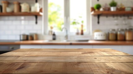 Kitchen Background. Wooden Table Top on Blurred Kitchen Counter with Wall and Shelf