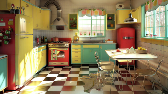 Vintage kitchen with yellow cabinets, red refrigerator, and a checkered floor, evoking a 1950s diner feel