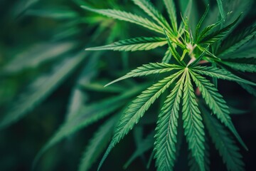 Weed Leaves. Cannabis Field with Ganja Plants, Medical Hemp and Hashish Bud