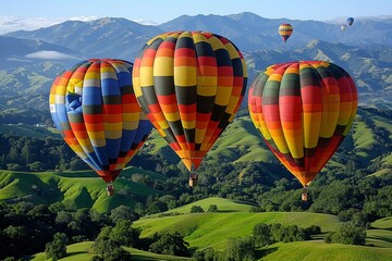Obraz premium Colorful Hot Air Balloons Soaring Over Green Hills on a Sunny Day
