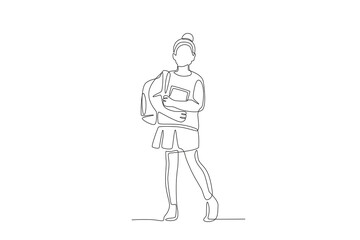 Girls preparing to go to school. Back to school concept one-line drawing