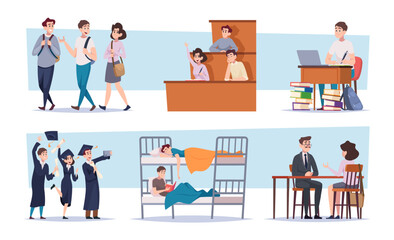 Student education. Daily routine of students lifestyle lectures exam education processes exact vector people concept illustration