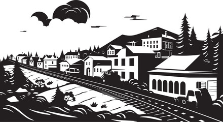 Scenic Countryside Retreat Vector and Iconic Art Quaint Village Life Logo and Graphic Design